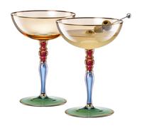 Italian Design Renaissance Amber Cocktail, Martini & Champagne Coupe Glasses (Set of 2) - 7.8oz Gilded Vintage Artisan Saucers, Elegant Wide-Bowl Multicolor Gold Rim Stemware, Weddings & Luxury Gifts