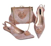 Italian Design Shoe and Bag Set for Women Rhinestone Embellished Pointed Toe High Heels, Luxury Party and Wedding Champagne