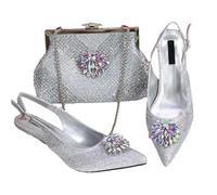 Italian Design Shoe and Bag Set for Women Rhinestone Embellished Pointed Toe High Heels, Luxury Party and Wedding Silver