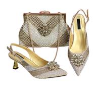 Italian Design Shoe and Bag Set for Women Rhinestone Embellished Pointed Toe High Heels, Luxury Party and Wedding Gold