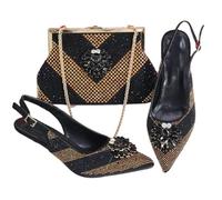 Italian Design Shoe and Bag Set for Women Rhinestone Embellished Pointed Toe High Heels, Luxury Party and Wedding Black