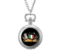 Italian Flag Pizza Food Vintage Pocket Watch with Chain Classic Numerals White Dial