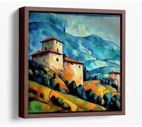 Italian Hillside Villa, Cezanne Style Painting Canvas Floater Frame Square Print Picture Art - Walnut Frame 24 inch wide x 24 inch high