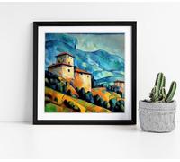 Italian Hillside Villa, Cezanne Style Painting Stunning Framed Wall Art Picture Print Square - 35cm wide x 35cm high - Black Frame