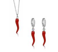 Italian Horn Hoop Earrings and Necklace for Women Dainty Enamel Red Chili Pepper Shaped Horn Pendant Chain Necklace Talisman Protection Jewelry Lucky Amulet Cornicello Charm Necklaces