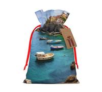 Italian Island Fisherman Village Printed Christmas Drawstring Bags,S | Reusable Xmas Gift Storage Bags, Red Ribbon