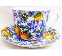 Italian Lemons Breakfast Cup & Saucer Fine Bone China Large Lemons Cup & Saucer Set Hand Decorated in The U.K.