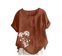 Italian Linen Tops for Women UK Plus Size Elegant Cotton Short Sleeve Floral T-Shirt Dandelion Tee Shirts Casual Loose Summer Beach Boho Lagenlook Tunic Top Ladies Blouses Sale Clearance