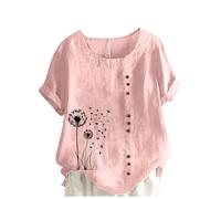 Italian Linen Tops for Women UK Plus Size Elegant Cotton Short Sleeve Floral T-Shirt Dandelion Tee Shirts Casual Loose Summer Beach Boho Lagenlook Tunic Top Ladies Blouses Clearance