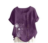 Italian Linen Tops for Women UK Plus Size Elegant Cotton Short Sleeve Floral T-Shirt Dandelion Tee Shirts Casual Loose Summer Beach Boho Lagenlook Tunic Top Ladies Blouses Sale Clearance