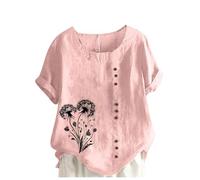 Italian Linen Tops for Women UK Plus Size Elegant Cotton Short Sleeve Floral T-Shirt Dandelion Tee Shirts Casual Loose Summer Beach Boho Lagenlook Tunic Top Ladies Blouses Sale Clearance
