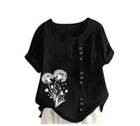 Italian Linen Tops for Women UK Plus Size Elegant Cotton Short Sleeve Floral T-Shirt Dandelion Tee Shirts Casual Loose Summer Beach Boho Lagenlook Tunic Top Ladies Blouses Sale Clearance