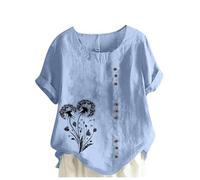 Italian Linen Tops for Women UK Plus Size Elegant Cotton Short Sleeve Floral T-Shirt Dandelion Tee Shirts Casual Loose Summer Beach Boho Lagenlook Tunic Top Ladies Blouses Sale Clearance