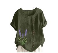 Italian Linen Tops for Women UK Plus Size Elegant Cotton Short Sleeve Floral T-Shirt Dandelion Tee Shirts Casual Loose Summer Beach Boho Lagenlook Tunic Top Ladies Blouses Clearance