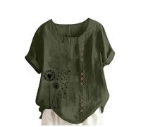Italian Linen Tops for Women UK Plus Size Elegant Cotton Short Sleeve Floral T-Shirt Dandelion Tee Shirts Casual Loose Summer Beach Boho Lagenlook Tunic Top Ladies Blouses Clearance