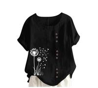 Italian Linen Tops for Women UK Plus Size Elegant Cotton Short Sleeve Floral T-Shirt Dandelion Tee Shirts Casual Loose Summer Beach Boho Lagenlook Tunic Top Ladies Blouses Sale Clearance