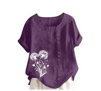 Italian Linen Tops for Women UK Plus Size Elegant Cotton Short Sleeve Floral T-Shirt Dandelion Tee Shirts Casual Loose Summer Beach Boho Lagenlook Tunic Top Ladies Blouses Clearance