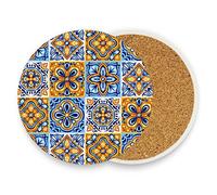 Italian Mexican Ceramic Tiles Blue Gold Orange Pottery Ethnic Folk Art 1 PC Ceramic Mug Coaster for Drinks, Stone Coasters Holder with Cork Base, Oversize Cup Mat Pad for All Mugs, Housewarming Gift