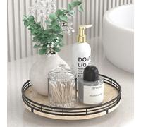 Italian Natural Travertine Lazy Susan Turntable for Table Top - 10” Round Marble Tray Organizer for Bathroom, Vanity, Dining Table, Kitchen Countertop & Bar, Luxury Stone Serving Tray with Black Frame