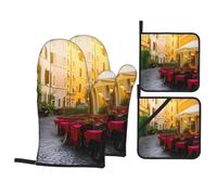 Italian Old Street 4-Piece Oven Gloves and Heat Insulation Mat Set Printed Kitchen Oven Gloves Suitable for Baking and Cooking