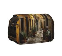 Italian Old Street Print Double Clamshell Pen Case, Zipper Pockets, Large Capacity For Art Supplies & Travel