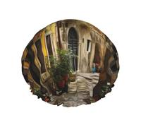 Italian Old Street Print Double Layer Waterproof Shower Cap Women Men Reusable Bath Hair Caps Elastic Band