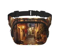 Italian Old Street Print Fashion Waist Packs Square Layer Waist Bag Black Belt Bag with Adjustable Strap, Black, One Size
