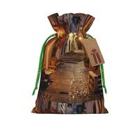 Italian Old Street print Large Christmas bag, reusable drawstring linen packet, Birthday Parties Supplies