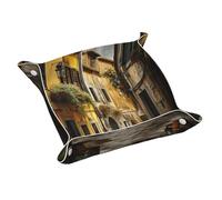 Italian Old Street Print Leather Valet Tray For Women,Travel Organizer, Trinket Jewelry Cosmetic Organizer Tray