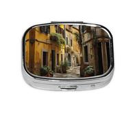 Italian Old Street Print Pill Case Portable Square Pill Box with 2 Compartments,for Purse Pill Box Travel Bag