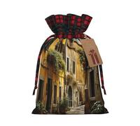 Italian Old Street Print Xmas Drawstring Gift Bag Festive Christmas Reusable Wrapping Bags Needs
