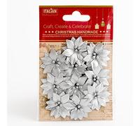Italian Options 3.5cm Small Metallic Silver Poinsettia Christmas Flower Card Making Craft Decorations (Pack of 10)
