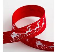 Christmas Grosgrain Ribbon - Red & White - Santa Sledge Sleigh Reindeer - 16mm x 5m