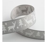 Christmas Grosgrain Ribbon - Silver - Stag Tree - 16mm x 5m