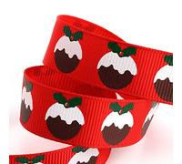 Italian Options Christmas Puddings Grosgrain Ribbon, Christmas Ribbon for Crafts, Gift Wrapping, Wreaths, Tree Decorations, Hair Bows, Red Xmas Pudding, 16 mm x 5 Metre Roll