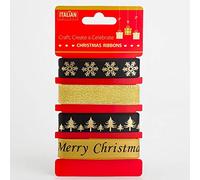 Italian Options Elegance Christmas Ribbons for Gift Wrapping, Assorted Christmas Ribbon for Crafts, Wreaths, Tree Decorations, Cards, Fabric Ribbon in Gold, Black and Xmas Designs, 4 Designs x 2M (8M)