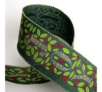 Italian Options 63mm Wide Christmas Ribbon - Green Linen Gold Glitter Joy (10 Mtr/Wired Edge)