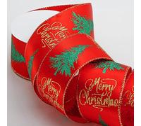 Italian Options Glitter Merry Christmas Tree Red Satin Ribbon, Wide Wired Christmas Ribbon for Crafts, Gift Wrapping Accessories, Wreaths, Tree Decorations, Bows, Red, 63 mm x 10 Metre