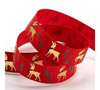 Italian Options Red Christmas Ribbon Golden Reindeer Stag 16mm x 5 Metres