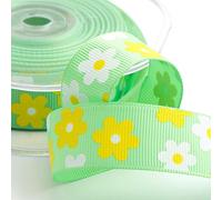 Green Daisy Floral Grosgrain Ribbon - 25mm x 10 Metres