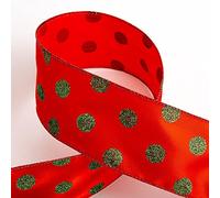 Italian Options Green Glitter Dots Red Satin Ribbon, Wide Wired Christmas Ribbon for Crafts, Gift Wrapping Accessories, Wreaths, Tree Decorations, Bows, Green, Red, 63 mm x 10 Metre