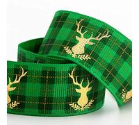 Italian Options Grosgrain Green Stag Tartan Ribbon, Scottish Christmas Ribbon for Crafts, Gift Wrapping, Wreaths, Tree Decorations, Hair Bows, Tartan Green, Gold Foil Stag, 25 mm x 10 Metre Roll