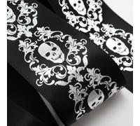 Italian Options Halloween Ribbon Silver Foil Skull Heads, 38mm x 5 Metres, Black Satin