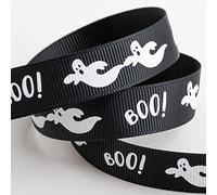 Halloween Ribbon Spooky Ghosts - 16mm x 5 Metre - Black Grosgrain