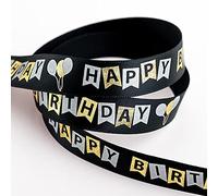 Italian Options Happy Birthday Ribbon, 16mm Satin x 10 Metres, Black