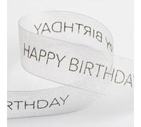 Italian Options Happy Birthday Ribbon Silver Organza 25mm x 10 Metres