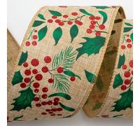Italian Options Holly Glitter Berries Natural Linen Wired Ribbon,Christmas Hessian Ribbon for Crafts,Gift Wrapping Accessories,Wreaths,Tree Decorations, Burlap Fabric, Natural, 63 mm x 10 Metre Roll