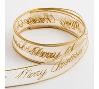 Italian Options Merry Christmas Gold Organza Ribbon, Wired Christmas Ribbon for Gift Wrapping, Crafts, Weddings, Wreaths, Tree Decorations, Gold, 25 mm x 10 Metre Roll