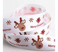 Italian Options Merry Christmas Reindeer Satin Ribbon for Gift Wrapping, Christmas Ribbon for Crafts, Wreaths, Tree Decorations, Cards, Fabric Ribbons, White, 16 mm x 5 Metre Roll