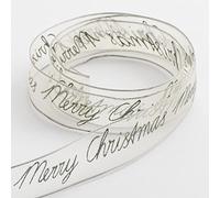 Italian Options Merry Christmas Silver Organza Ribbon, Wired Christmas Ribbon for Gift Wrapping, Crafts, Weddings, Wreaths, Tree Decorations, Silver, 25 mm x 10 Metre Roll